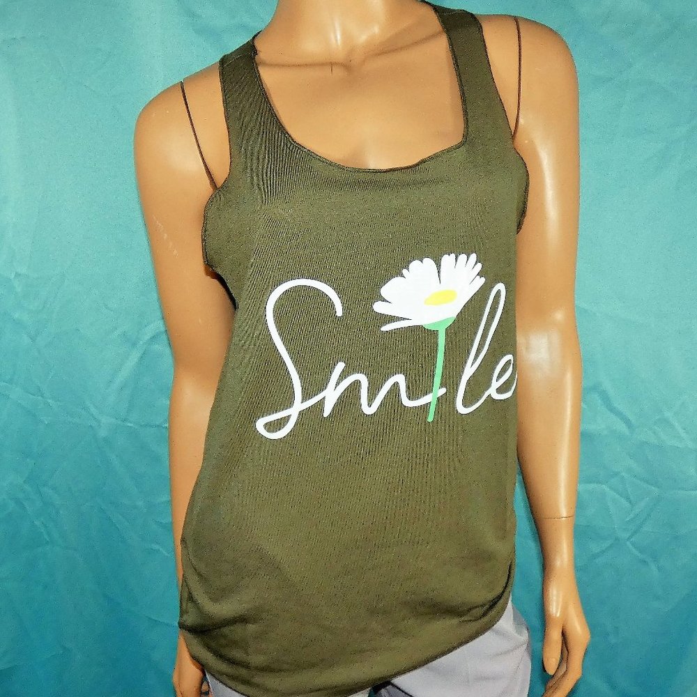 *REDUCED* Sleeveless T-shirt Tank Racerback with Daisy "SMILE" olive green